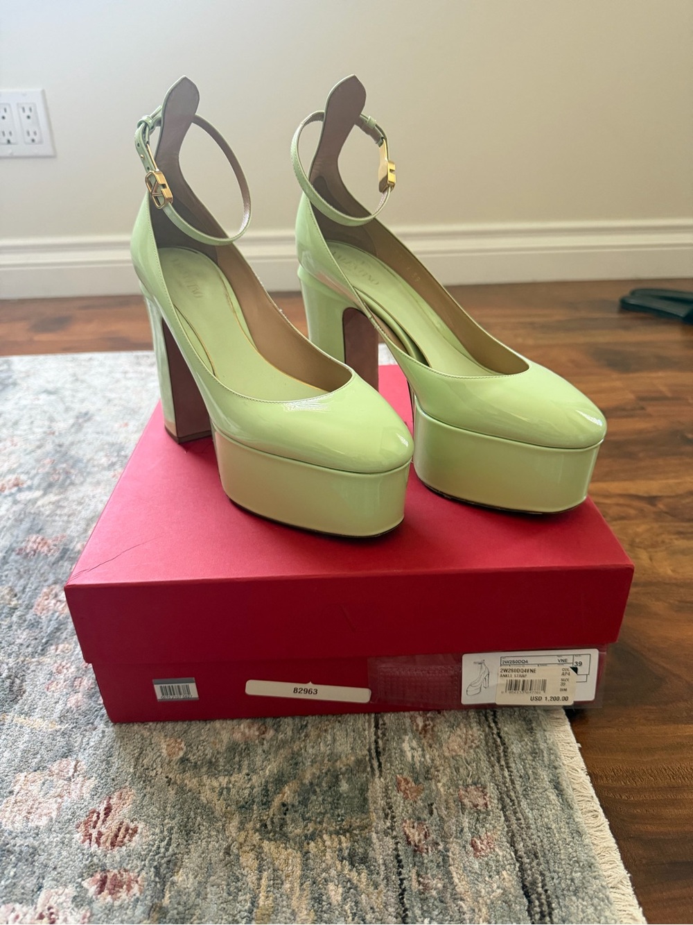 Valentino Patent Platform Ankle-Strap Pumps in Pale Green with Gold Buckle